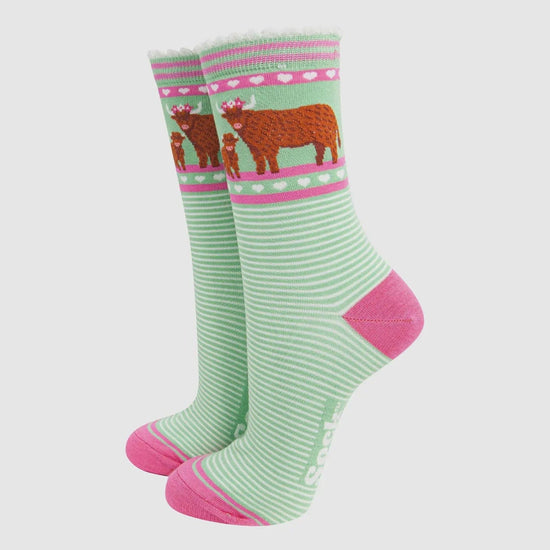 Sock Talk Accessories Sock Talk Women's Bamboo Socks - Green, Highland Cow and Calf