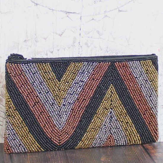 Suzie Blue Accessories Suzie Blue Beaded Zig Zag Clutch Black Metallic