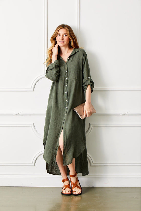 Suzy D Fashion Suzy D Larino Linen Long Button Through Dress Army Green