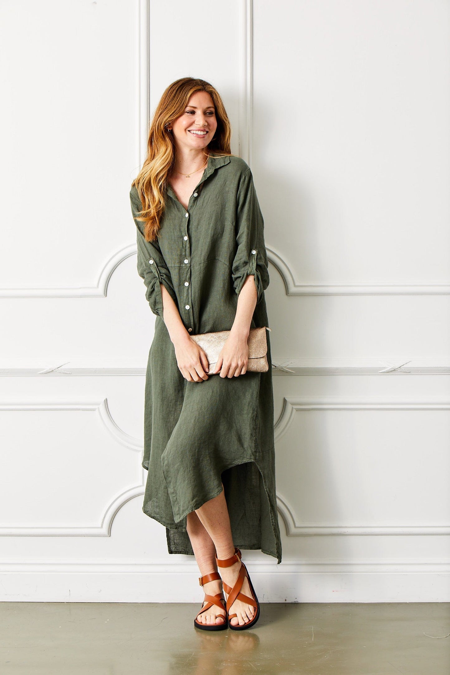 Suzy D Fashion Suzy D Larino Linen Long Button Through Dress Army Green