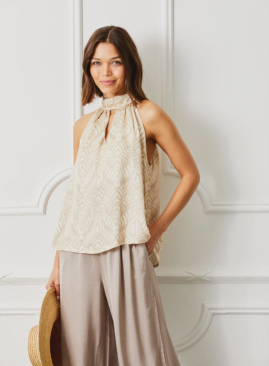 Load image into Gallery viewer, Suzy D Fashion Suzy D London Goldina Print Satin Halter Neck Sleeveless Top Pale Pink
