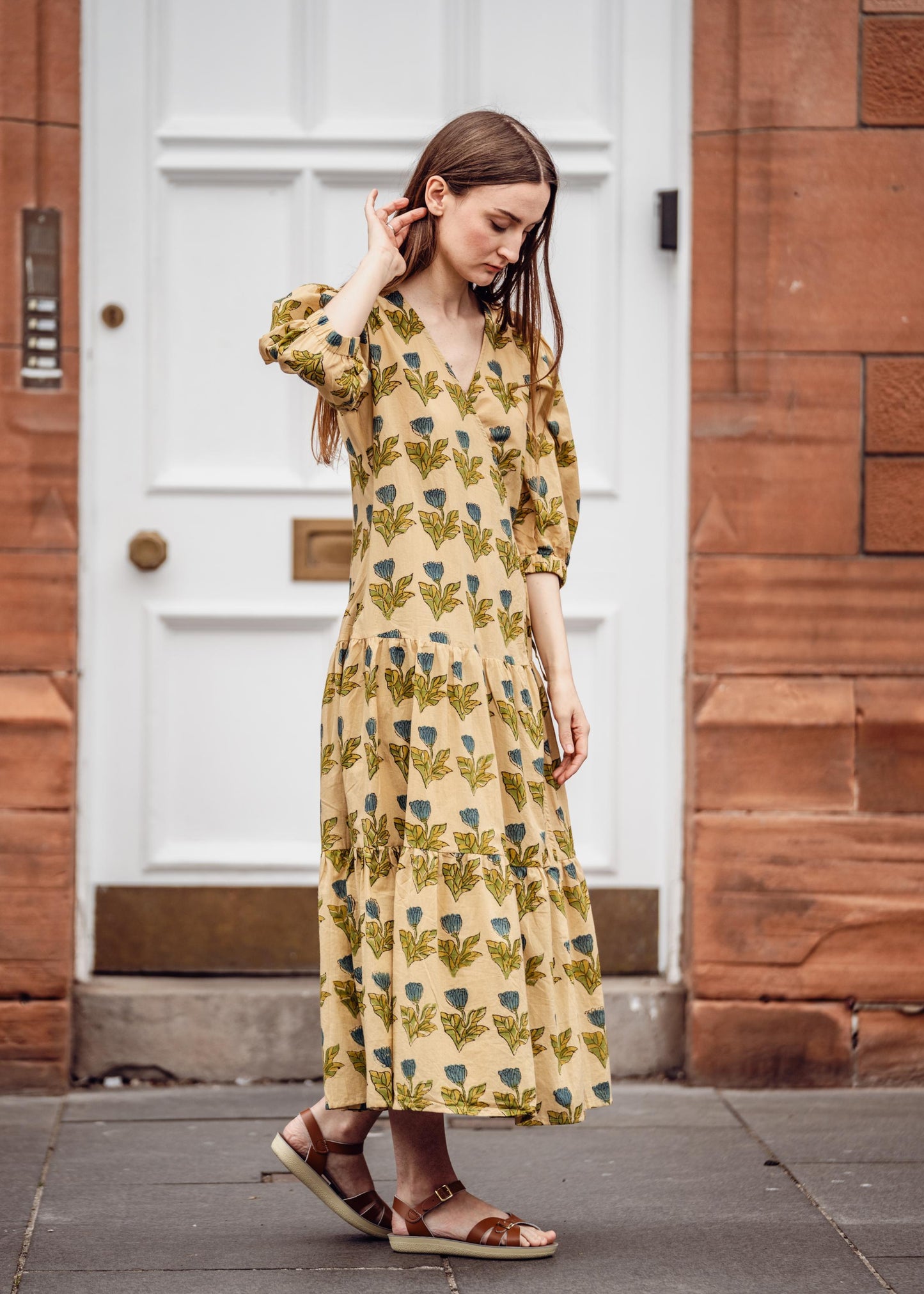 Twinflower Vashti Block Print Wrap Dress in Blue Tulip