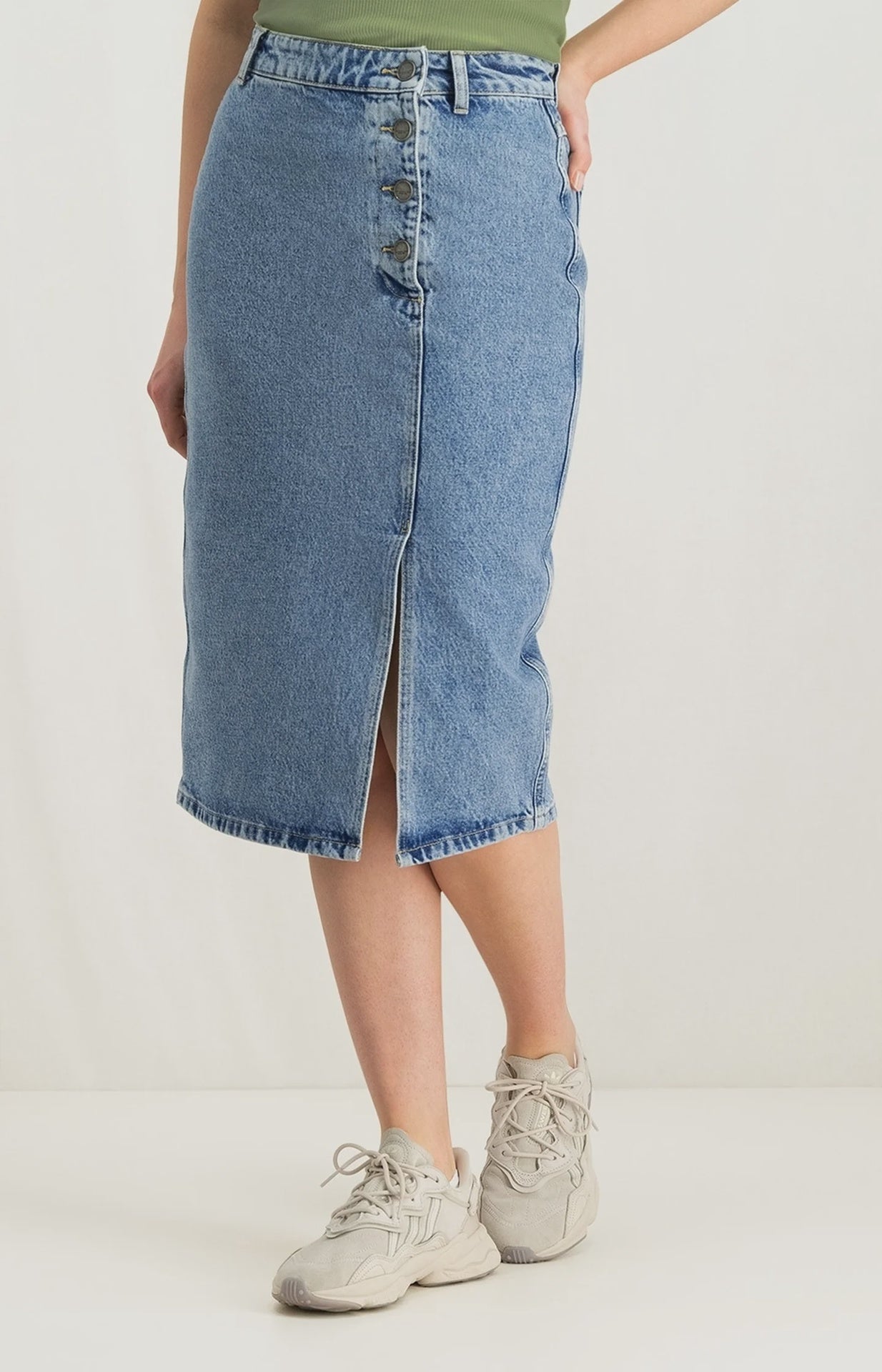 YAYA Fashion Yaya Denim Midi Skirt with Buttons