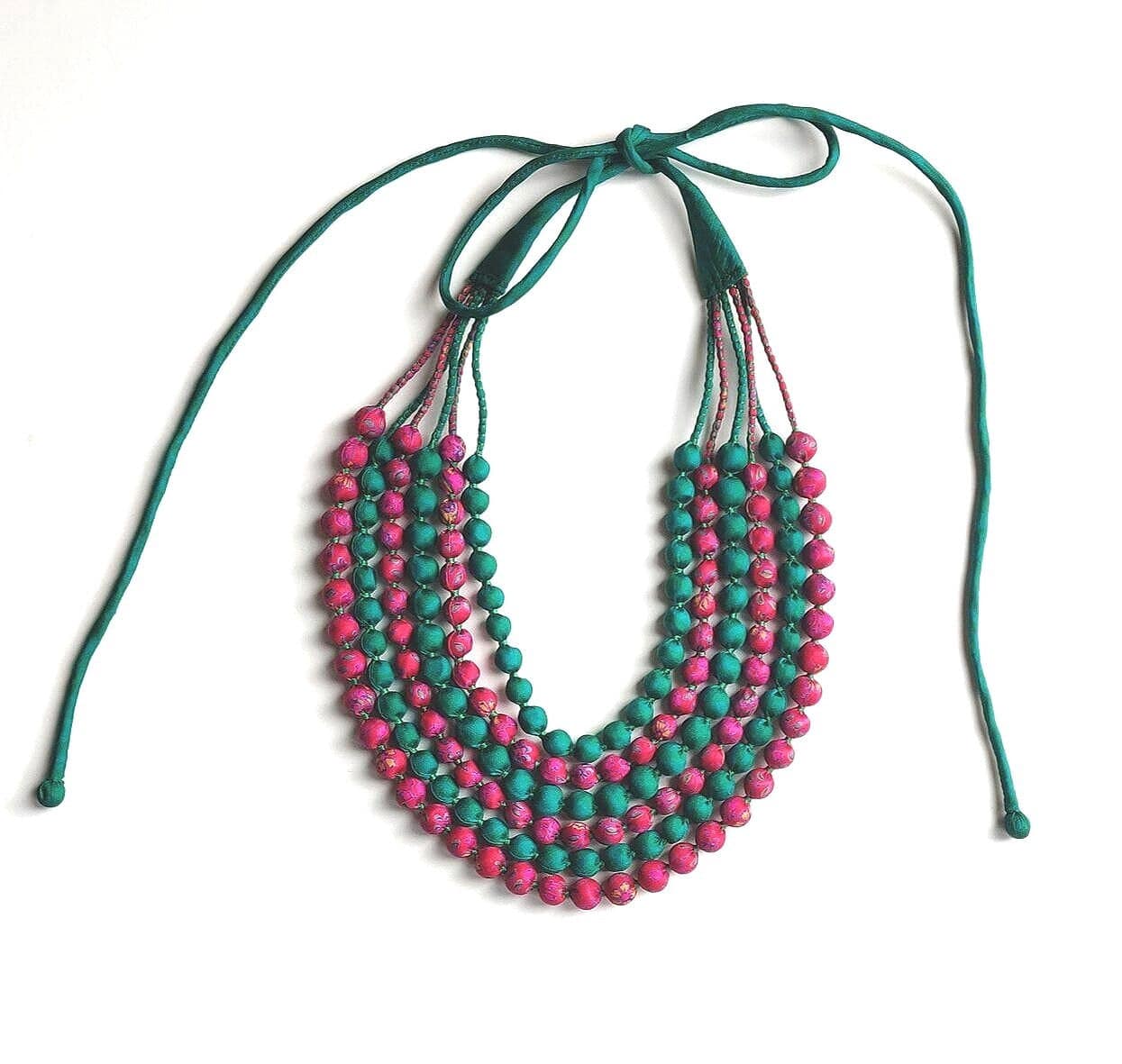 Jewelled Buddha Jewellery Upcycled Sari Silk Necklace Green/Pink