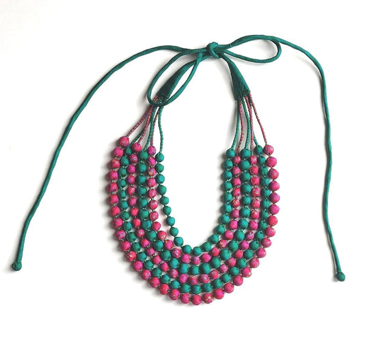 Jewelled Buddha Jewellery Upcycled Sari Silk Necklace Green/Pink