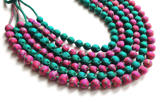 Jewelled Buddha Jewellery Upcycled Sari Silk Necklace Green/Pink